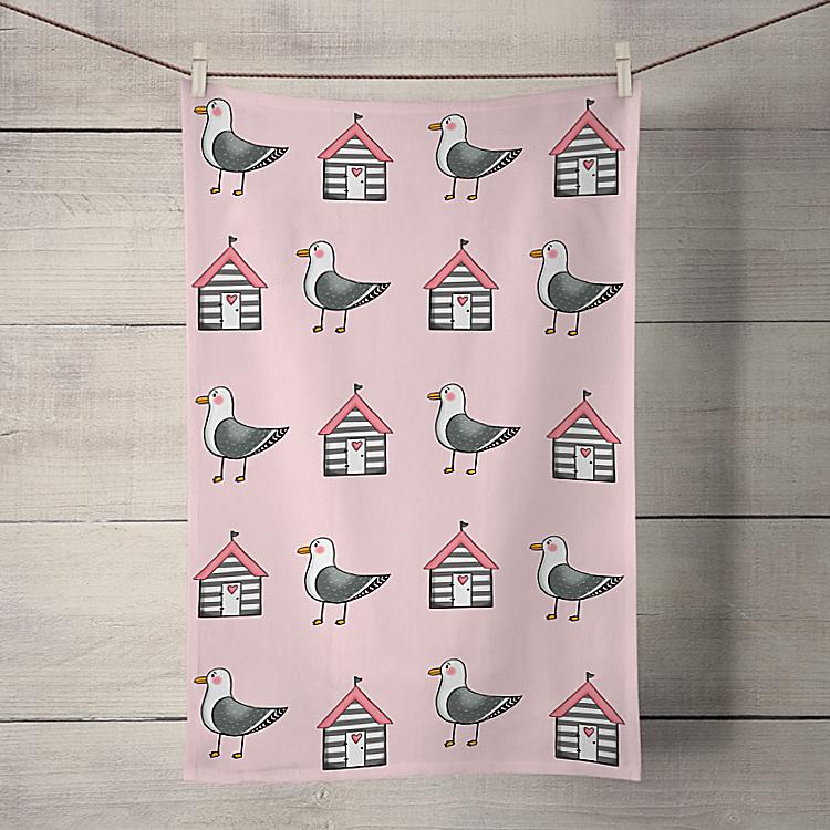 Pink Seagull and Hut Teatowel