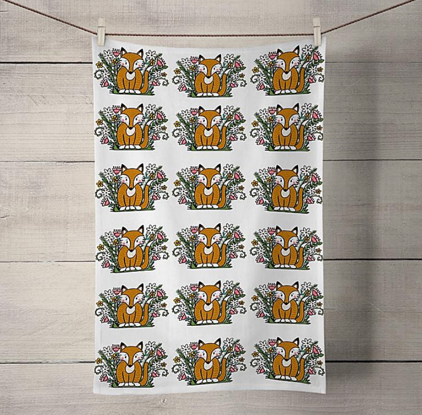 Fox and Flowers Tea Towel